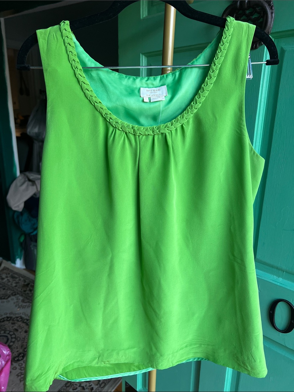kate spade silk Bright Green Braided-Neck Sleeveless Camisole 💚 Medium